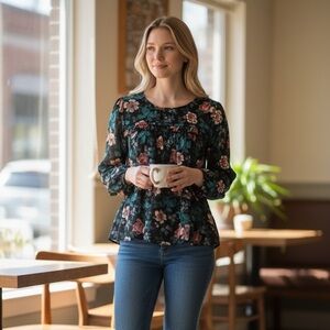 LOFT Black Floral Peplum Blouse with Teal & Rose Flowers